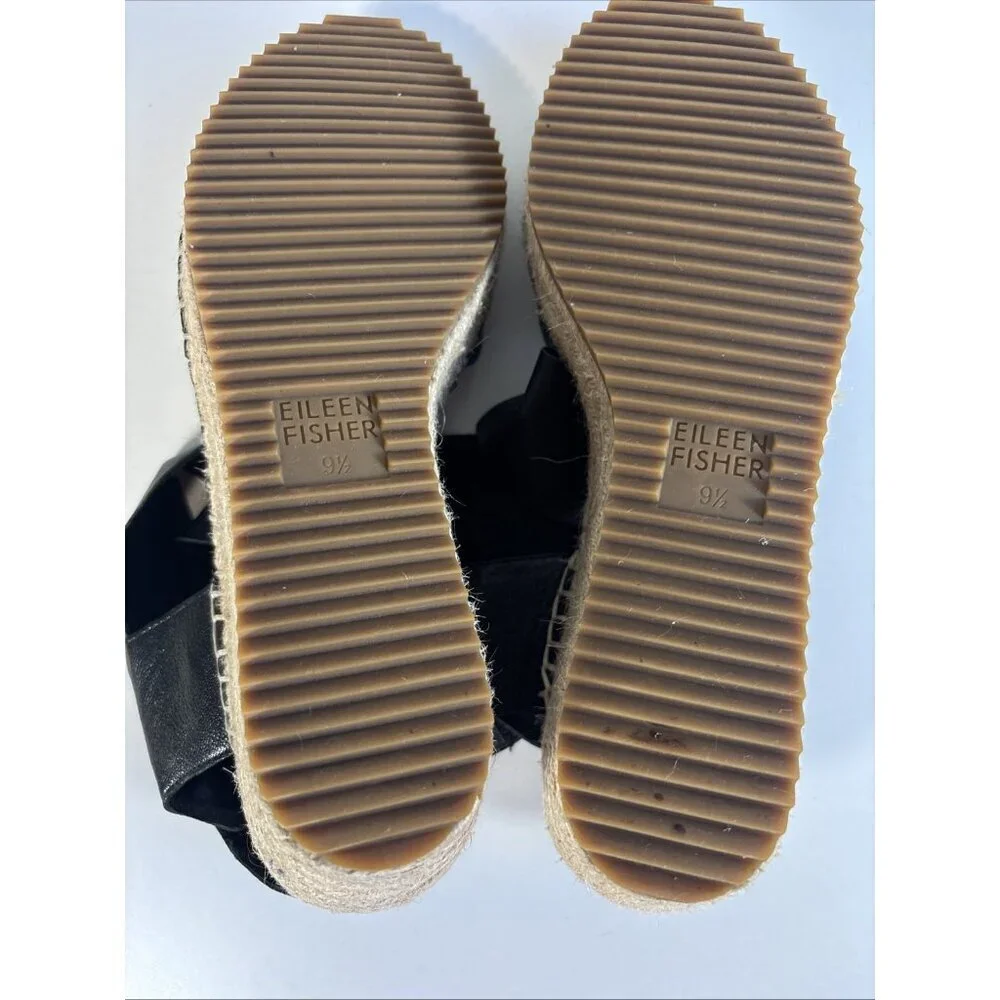 Eileen Fisher Black Leather Willow Espadrille Wedge Heels Women's Size 9.5 Boho
